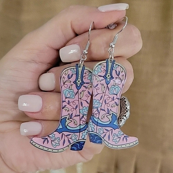 Bohemian Floral Western Boot Drop Earrings - Picture 4 of 5